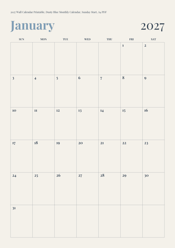 2027 Printable Wall Calendar, Dusty Blue Monthly Calendar, Sunday Start, A4 PDF Instant Download