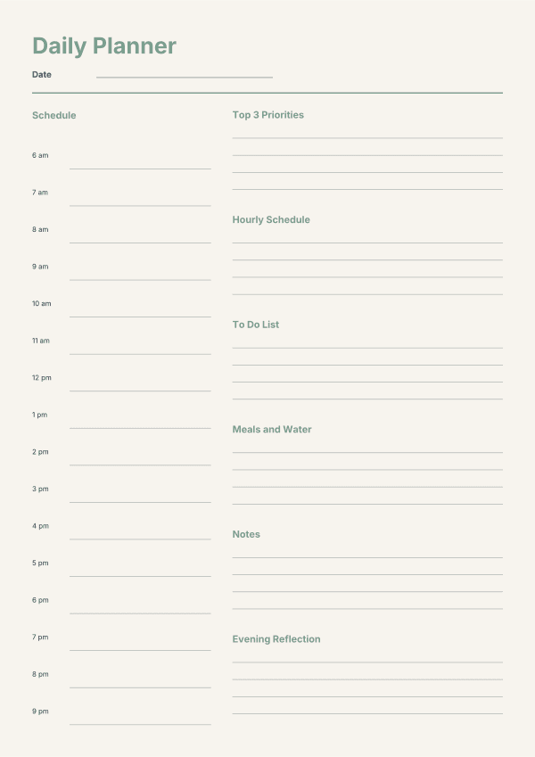 Printable Daily Planner Page, Undated Day Organizer, Hourly Schedule and To Do List, Top 3 Priorities, A4 PDF Instant Download
