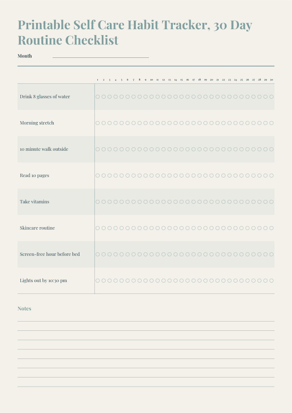 Printable Self Care Habit Tracker, 30 Day Routine Checklist, Sleep Water Movement Log, Teal and Linen, A4 PDF Instant Download