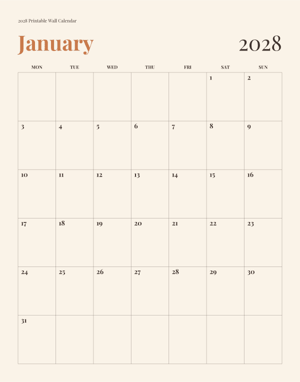 2028 Printable Wall Calendar, Warm Cream and Copper Monthly Calendar, Monday Start, 11x14 Instant Download PDF, Yearly Calendar Print