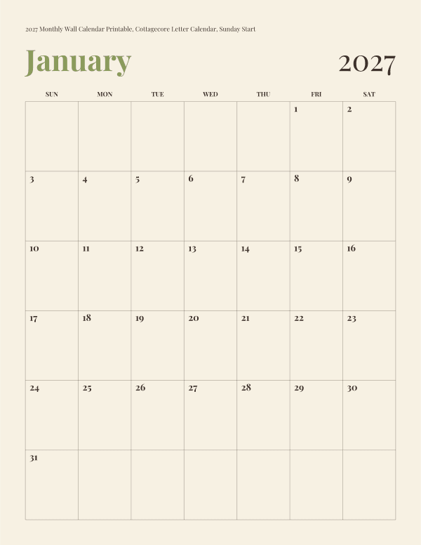 2027 Monthly Wall Calendar Printable, Cottagecore Letter Calendar, Sunday Start