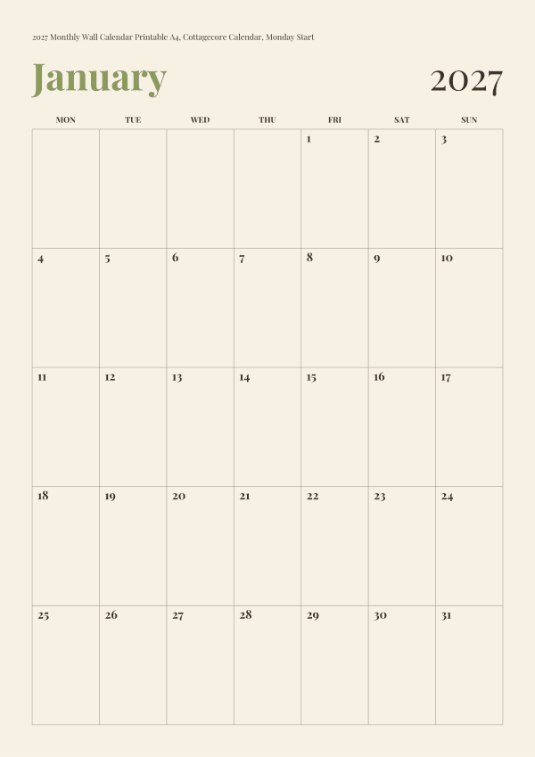 2027 Monthly Wall Calendar Printable A4, Cottagecore Calendar, Monday Start