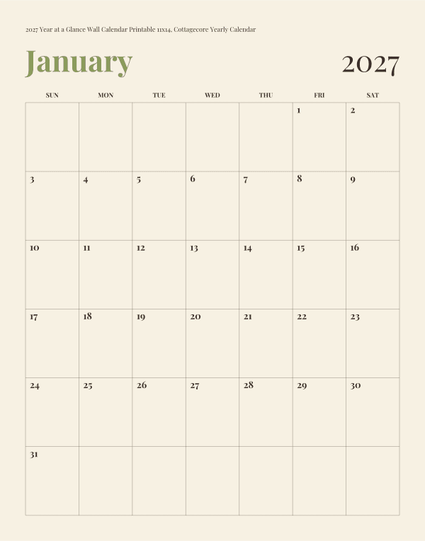 2027 Year at a Glance Wall Calendar Printable 11x14, Cottagecore Yearly Calendar