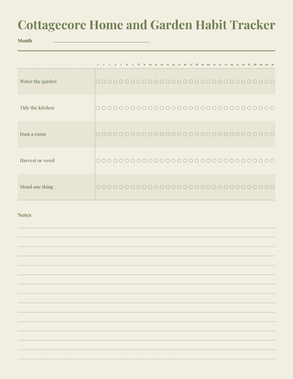 Cottagecore Home and Garden Habit Tracker, 31 Day Printable, Cream and Moss, Letter Size PDF